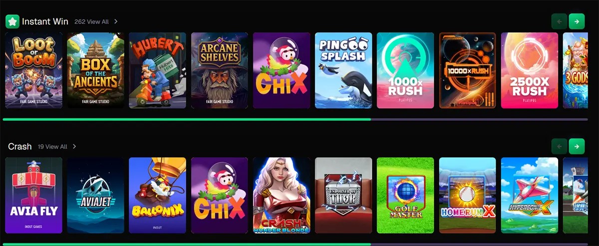 Casino homepage section showing two horizontal game carousels: “Instant Win” and “Crash”, each featuring colorful game thumbnails, quick-play titles, and navigation arrows for browsing