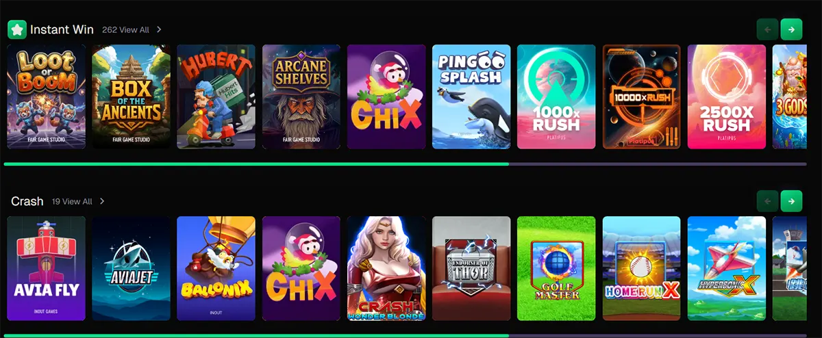 Casino homepage section showing two horizontal game carousels: “Instant Win” and “Crash”, each featuring colorful game thumbnails, quick-play titles, and navigation arrows for browsing