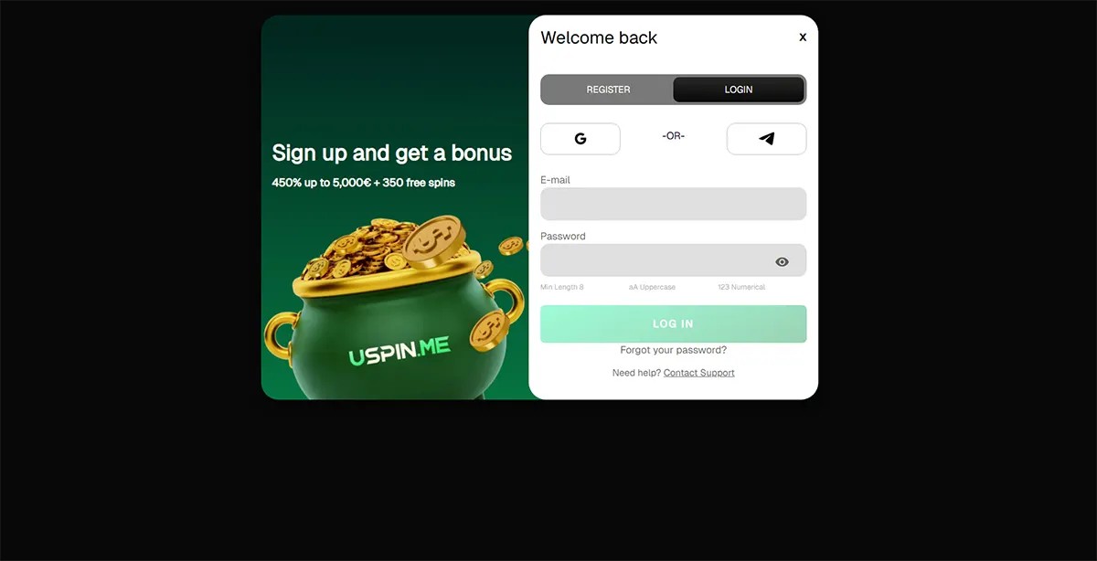 Casino login pop-up with email and password fields, social login options, and a “Log In” button, displayed alongside a promotional banner offering 450% up to €5,000 + 350 free spins with a coin-filled pot graphic