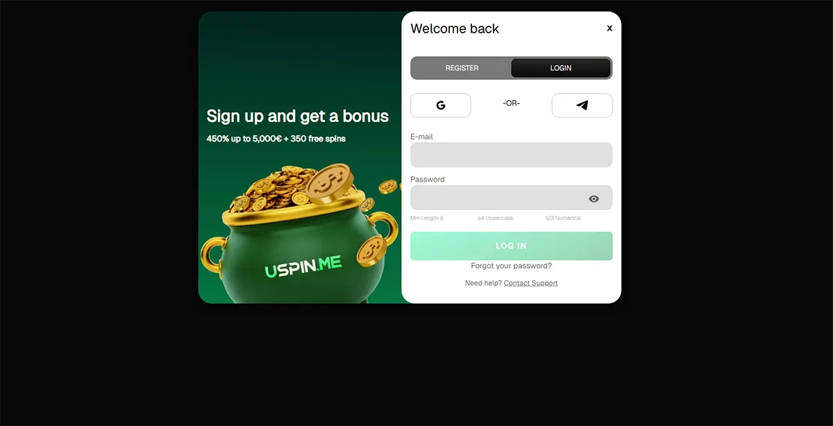 Casino login pop-up with email and password fields, social login options, and a “Log In” button, displayed alongside a promotional banner offering 450% up to €5,000 + 350 free spins with a coin-filled pot graphic